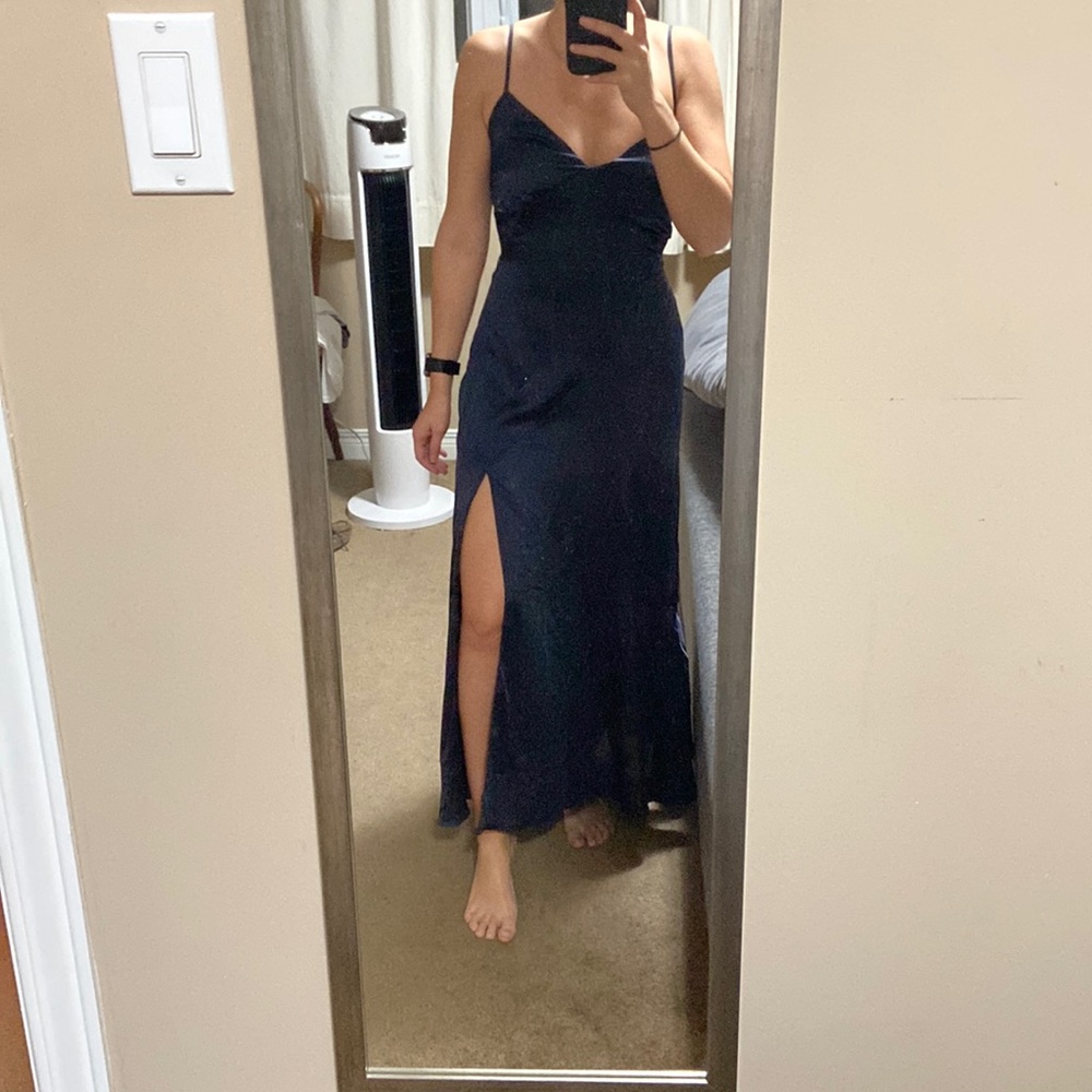 Navy Floor Length Satin Dress with Multi Wrap Bow